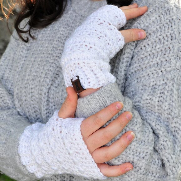 Handmade White Sparkle Fingerless Gloves Made in Canada - Picture 2 of 3